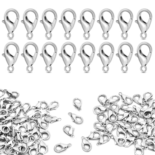 CooBigo 120pcs 12mm Lobster Clasps Tiny Metal Alloy Lobster Claw Clasps for Necklace Bracelets Clip Keychain Ring Jewelry Making Accessories (Silver)