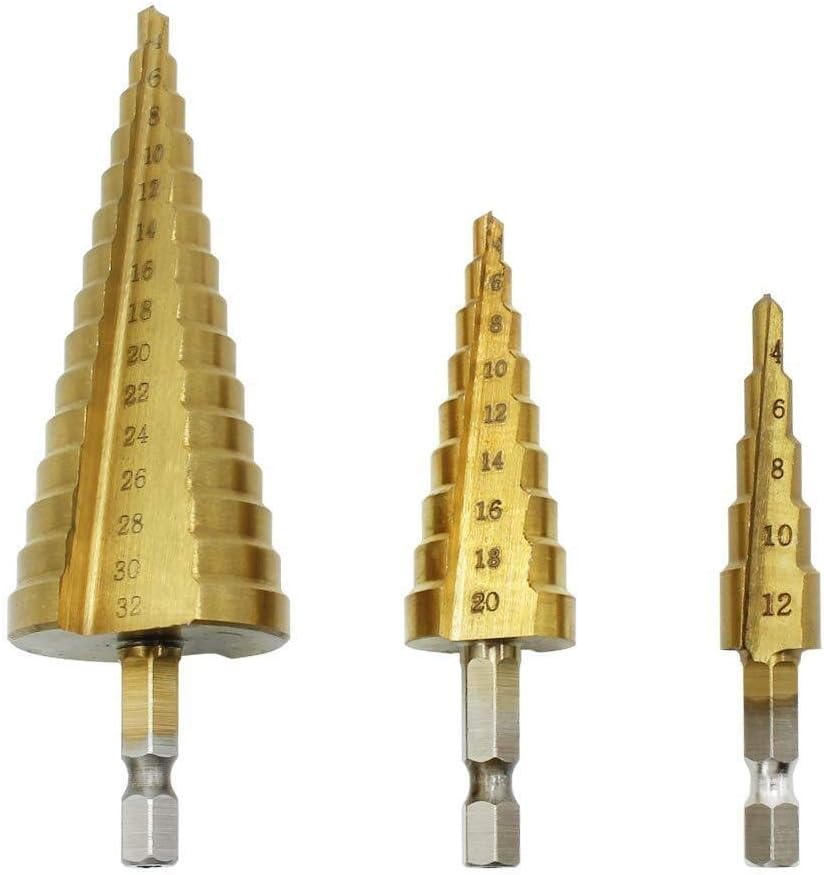 Zestaw wierteł stopniowych z rowkiem spiralnym, Zestaw wierteł stopniowych HSS 3 szt., stożkowe wiertła do otworów, metryczne, 1/4", powlekane tytanem, metalowe wiertła sześciokątne(3pcs4 12 3 20 4 20