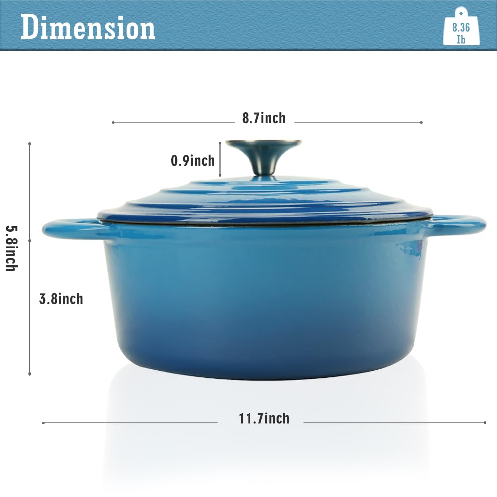 COOKWIN Horno holandés de hierro fundido esmaltado con tapa autountada, olla antiadherente con revestimiento esmaltado, azul, 2.9 cuartos