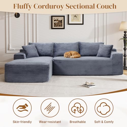 Image of 95 inch L Shaped Boneless Sectional Couches, Wide Armrest, Deep Seat, Memory Foam, Assembly Free, Modern Comfy Corduroy Fluffy Cloud Sofa with Left Chaise for Living Room, Small Spaces, Grey