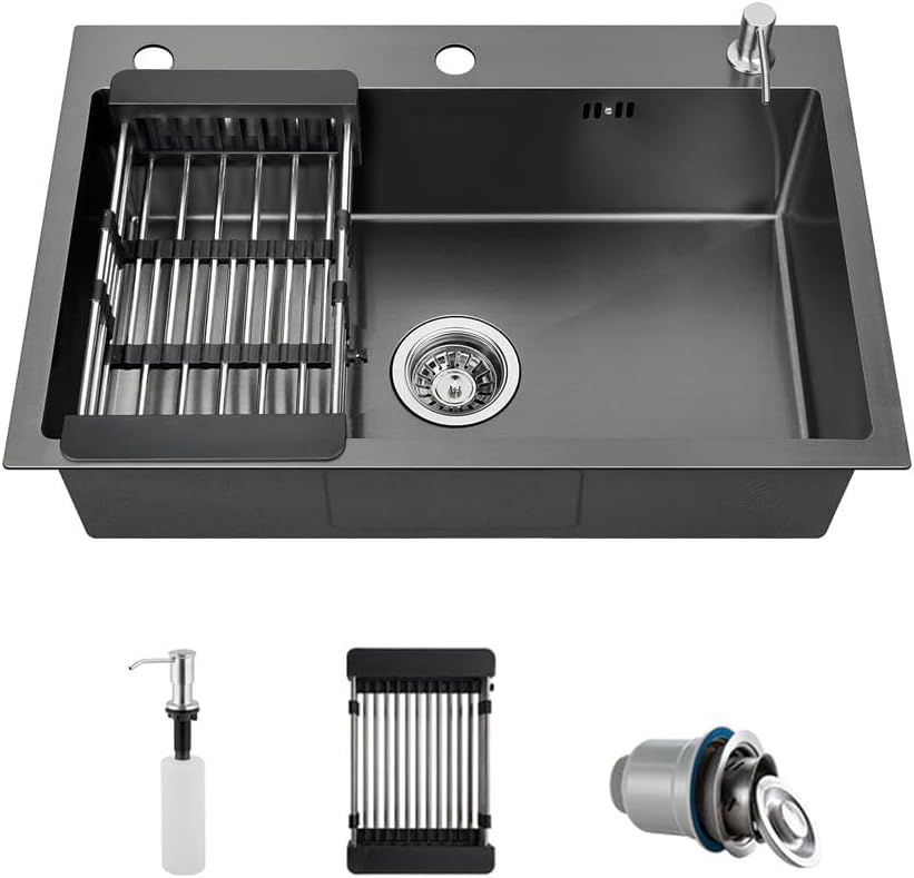 Drop in Stainless Steel Kitchen Sink, 16 Gauge Single Bowl Kitchen Sink, Black 3 Hole Workstation Sink, Topmount Bar Sink, Farmhouse Workstation Sink with Multiple Accessories (19.7 x 17.7in)