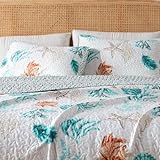 Full / Queen Coastal Quilt Bedding Set, Summer Coastal Quilt with Shams, Beach 3-Piece Reversible All Season Bedspread Quilt Set. Lightweight Nautical Quilted Coverlet. Key West Collection, Multi