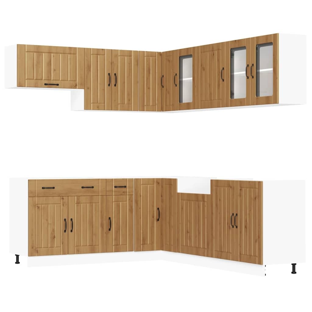 Küchenzeile Lucca - Set di mobili da cucina da 11 pezzi, effetto rovere Artisan, cucina da incasso modulare in legno, molto spazio per stoviglie e elettrodomestici, set completo con armadio
