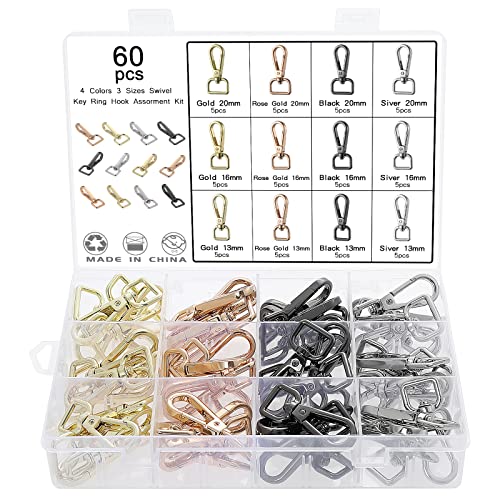 Moendergo Lot de 60 mousquetons pivotants en alliage de zinc pour loisirs créatifs, fabrication de bijoux, porte-clés, boucle, laisse pour chien, 3 tailles 13 mm, 16 mm, 20 mm