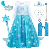 Ayrvocy Light Up Elsa Costume for Girls with Snowflake Wand, Princess Dress Up for Girls 3-8, Includes Frozen Wig, Mask, Crown & Gloves – Perfect for Halloween, Birthday Party & Cosplay