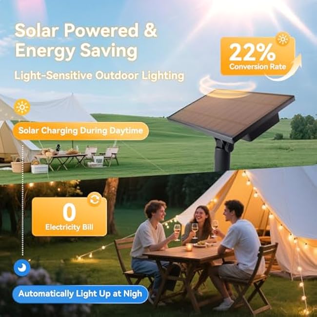 HJQ 60FT Solar String Lights Outdoor, Waterproof Patio Lights Solar-Powered with Remote & USB Charging, 20+1 LED Shatterproof Bulbs, 3 Modes, Dimmable Solar Hanging Lighting for Garden Backyard Decor