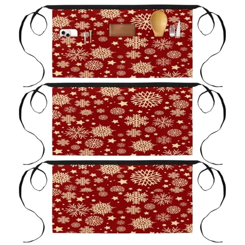 Lot de 3 tabliers courts de chef rouge flocon de neige à 3 poches pour cuisine et bistrot