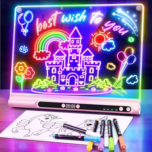 Image of Geokay 16 inch Rechargeable LED Drawing Board, 9-Color Light Modes with Timer & Built-in Stand, Neon Glow Up Dry Erase Doodle Note Pad, Sketching Gift Toy for Kids /Girls /Teens, 6 Markers & Tracing Book
