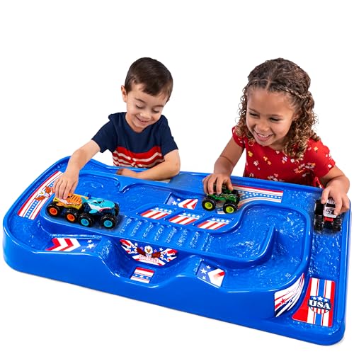 Image of Simplay3 Portable Carry and Go Kids Race Track Toy Car Train Table, 2-Sided No Assembly for Children 3 4 5 6 7 Years Old Boys Girls, Made in USA, Red White & Blue