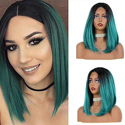 EEWIGS Ombre Green Synthetic 13×4 Lace Front Wigs short Bob Straight wig Heat Resistant cosplay wigs with pre plucked for women