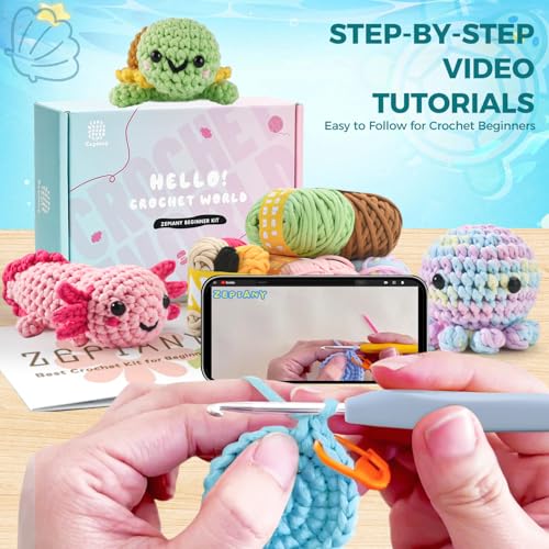 Image of Crochet Kit for Beginners, 5 Pack Amigurumi Beginner Crochet Kits Animals, Crochet Turtle Axolotl Octopus Crocheting Kit, Easy Knitting Kit for Beginners with Step-by-Step Video Craft Kits for Adults