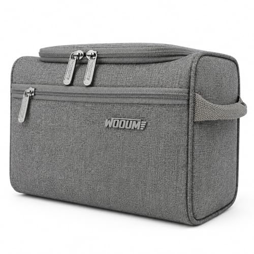 Image of Wooum Travel Toiletry Bag for Men | Water-Resistant Bathroom Organizer with Hook | Compact Khadi Fabric Dopp Kit with Zipper & Mesh Pockets - Ideal for Travel, Gym & Daily Use (Tgrey)