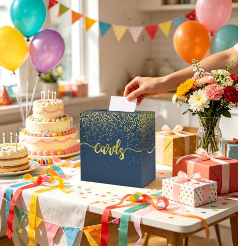 Image of Navy Blue Wedding Card Box with Gold Foil Navy Gift Card Holder Box for Party Graduation Wedding Reception Birthday Baby Shower Retirement Cardboard Envelope Raffle Box with Slot
