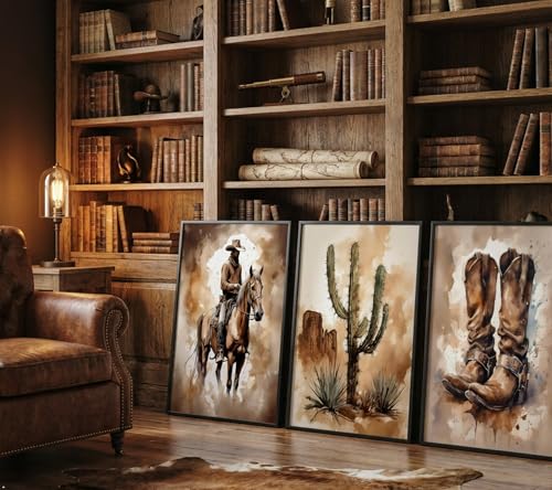 Image of Vintage Western Cowboy Canvas Wall Art Aesthetic Cactus Cowboy boots Painting Picture Wall Decor Retro Southwestern Desert Poster Print Artwork for Farmhouse Living Room Home Decoration 16x24in
