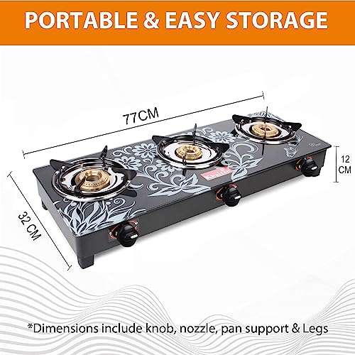 Khaitan 3 Burner BPJio Digital Toughened Glass LPG Gas Cooktop, Manual Ignition Gas Stove with