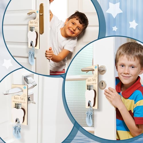 Image of DoubleFill Fairy Tooth Gift Holder Bag Door Hanger Lost Teeth Keepsake Box Tooth Fairy Kit Stores Back to School Gift for Lost Teeth Boy Girl Primary School Classroom Gifts(Classic,Blue)