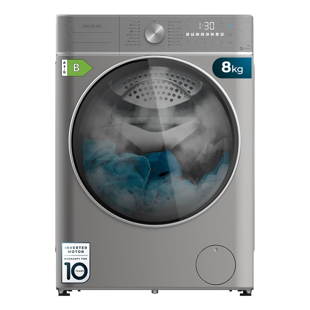Cecotec Lavadora Secadora 8-5Kg Carga Frontal Bolero Wash&Dry 8580 Inverter Steel B. 1400 rpm, 16 Programas, Motor Inverter Plus, SteamMax, OnSmart, Fuzzy Logic, SpaCare y Detector de Carga