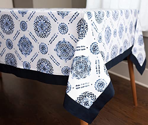 Image of Urban Space Sicilia Table Linen Collection - Premium Water & Stain Resistant Dining Table Cover for 6 Seater, Anti Skid Table Cloth for Center Table, 1 Piece (Blue Border, 6 Seater 52 inch x 92 inch)