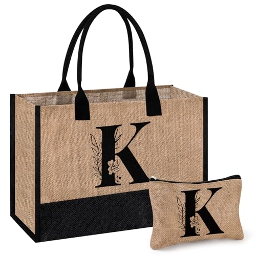 AYGE Bolsa de yute personalizada con inicial y bolsa de maquillaje, bolsa de playa, regalos monogramados para mujeres, regalos de cumpleaños para su amiga, hermana, mamá, profesora, dama de honor (K),