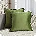 Topfinel Federe Cuscini in Velluto per Divano,Copricuscini Arredo Casa Moderni con Pom Poms ,Fodere Cuscino in Tinta Unita Eleganti per Camera da Letto Salotto Sedia,2 Pezzi,40x40CM,Verde