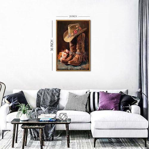 Image of Western Wall Art Framed Cowgirl Boots Canvas Prints Rustic Cowboy Hat and Leather Boots Floral Painting Country Farmhouse Western Decor for Living Room Bedroom Aesthetic Artwork Home Decoration 24x36