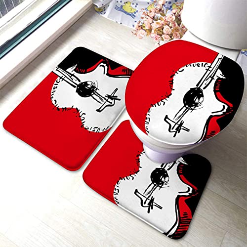Badezimmerteppich-Set, 3-teilig, Gitarre, waschbare Badteppiche, rutschfest, mit Stützpolster, Konturteppich und Toilettendeckelbezug