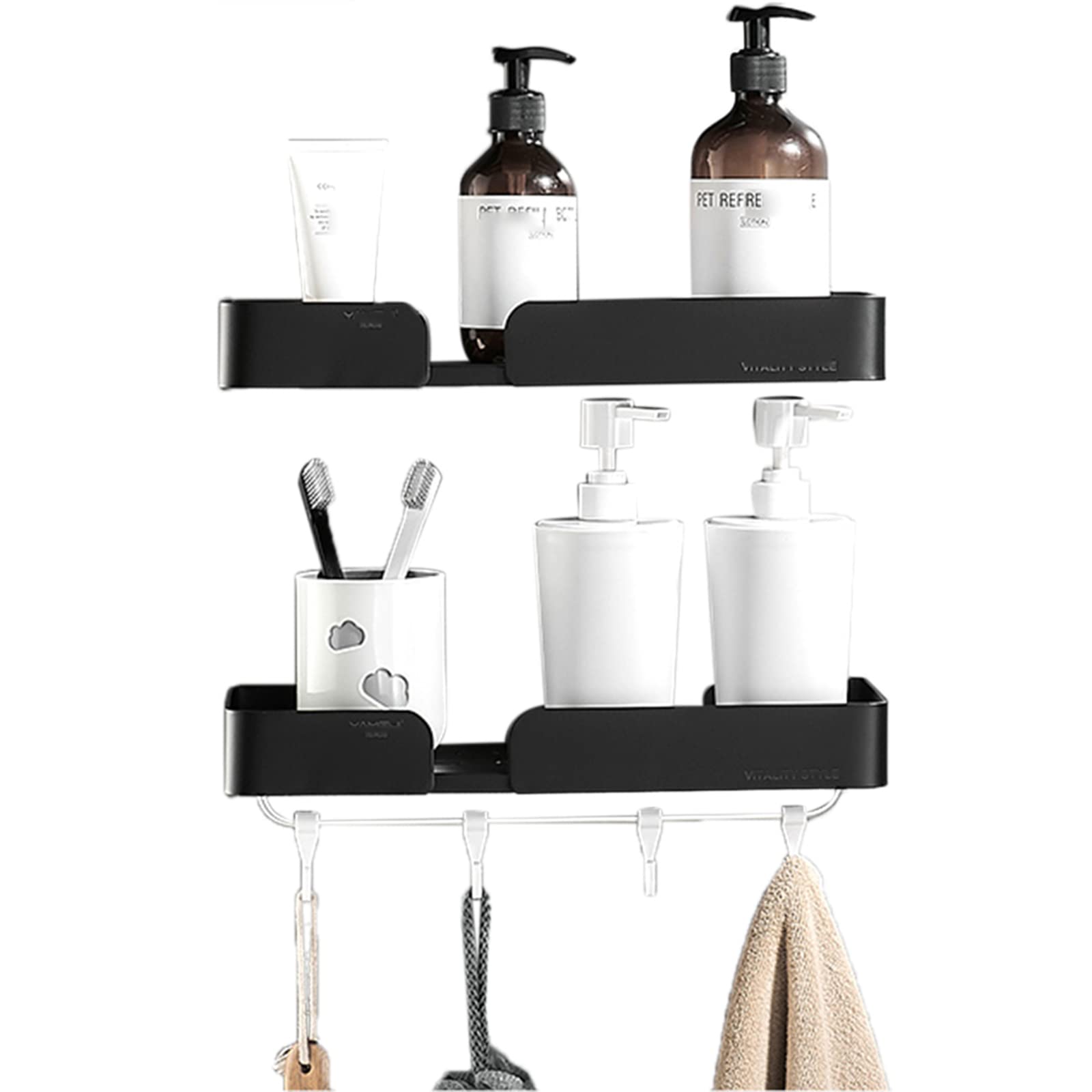 Estante de ducha adhesivo negro sin perforación organizador de pared de aluminio 2 niveles