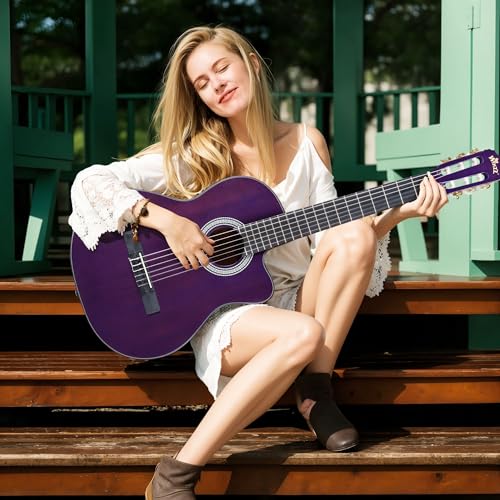 Image of WINZZ AC309CE 39 Inches Cutaway Nylon-string Classical Electric Guitar Build-in Pickup Kit Set Online Lessons, Glossy Purple