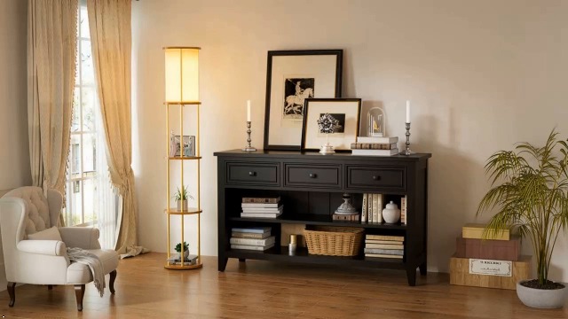 Image of Lightdot 61 inch Floor Lamp with Shelves, Modern Gold Floor Lamp with Fabric Shade and 3- Tier Solid Wood Table Attached, Corner Bookshelf Lamps with 3000K Bulb Included for Sofa Beside /Corner Decor