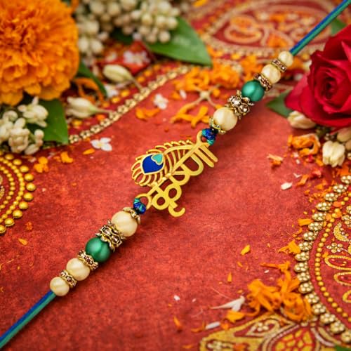 Image of Riddhika Ventures Glorious Gold Plated Auspicious Diamond Ring Rakhi with Roli Chawal and Greeting Card