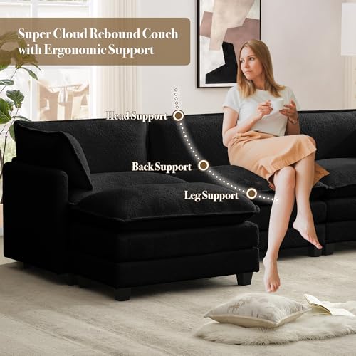 ROWHY 112'' Modular Sectional Cloud Couch with Movable Ottoman, 4 Seat Modern Chenille Sofa, Deep Seat L Shaped Couch for Living Room Bedroom Apartment,Jet Black - Image 5