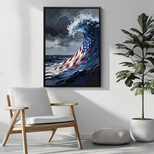 Image of American Flag Framed Canvas Wall Art, 4th of July Red White Blue Canvas Prints, USA Flag Ocean Waves Abstract Patriotic Decorations, Independence Day Wall Decor for Bedroom Living Room Office 6x8