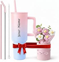 VOLITO Personalised 1200ml Steel Insulated Tumbler with Straw | Personalized Tumbler + Crochet Flower Bouquet Gift for Birthdays, Weddings, Anniversaries – Gift for Women, Men, and Girls (SkyBlush)