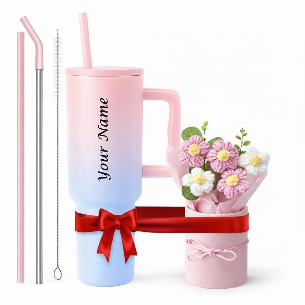 COMFYPOT 1200ml Steel Tumbler with Straw | Personalized Tumbler + Crochet Flower Bouquet Gift for Birthdays, Weddings, Anniversaries – Gift for Women, Men, and Girls