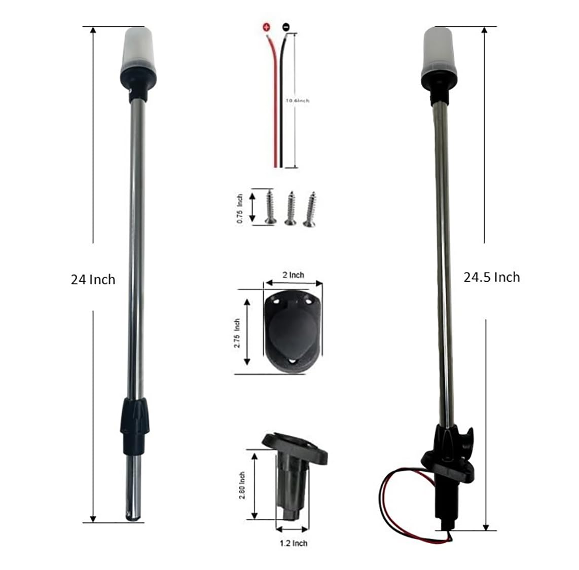 24"All Round Stern Navigation Boat Light Plug In Stainless Steel Pole Warm White - Foto 10