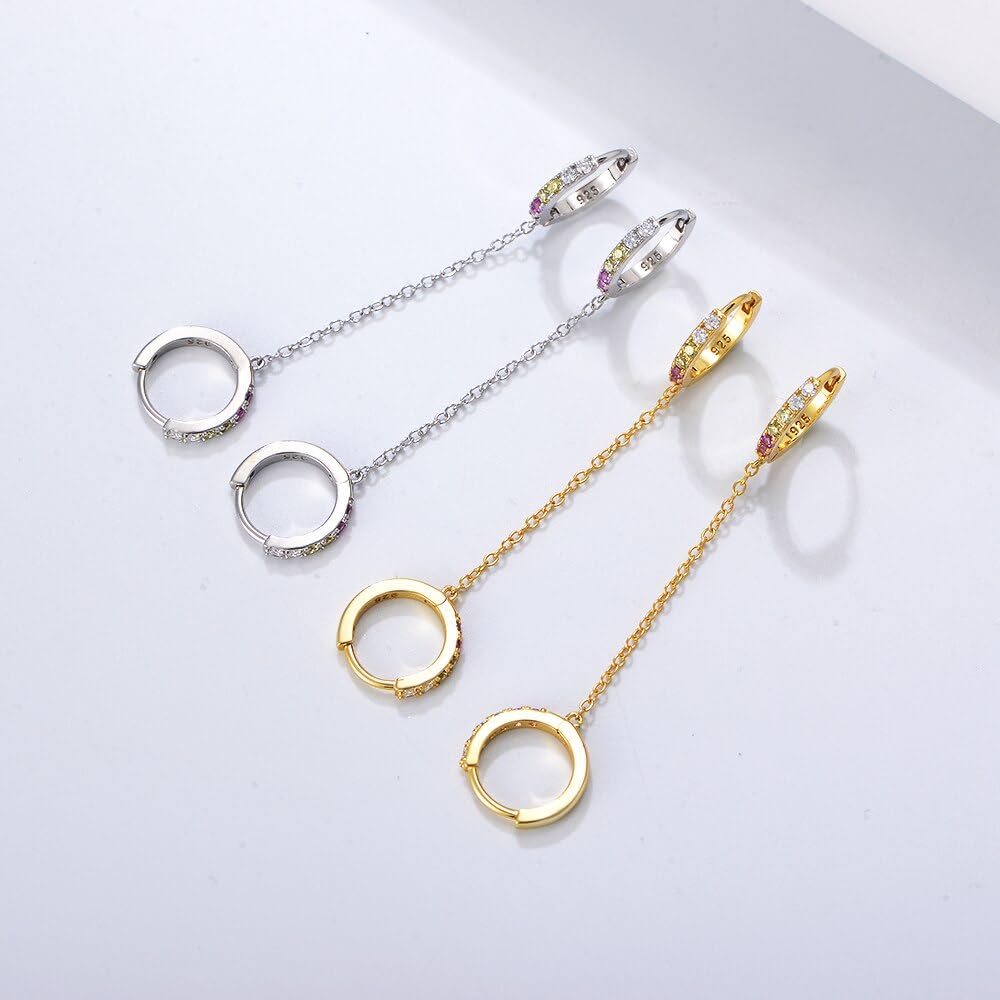 Pendientes Huggies De Aro Con Cadena Y Borlas Populares, Pendiente De Circonia Cúbica Multicolor De Plata De Ley 925 Y Oro Para Mujer