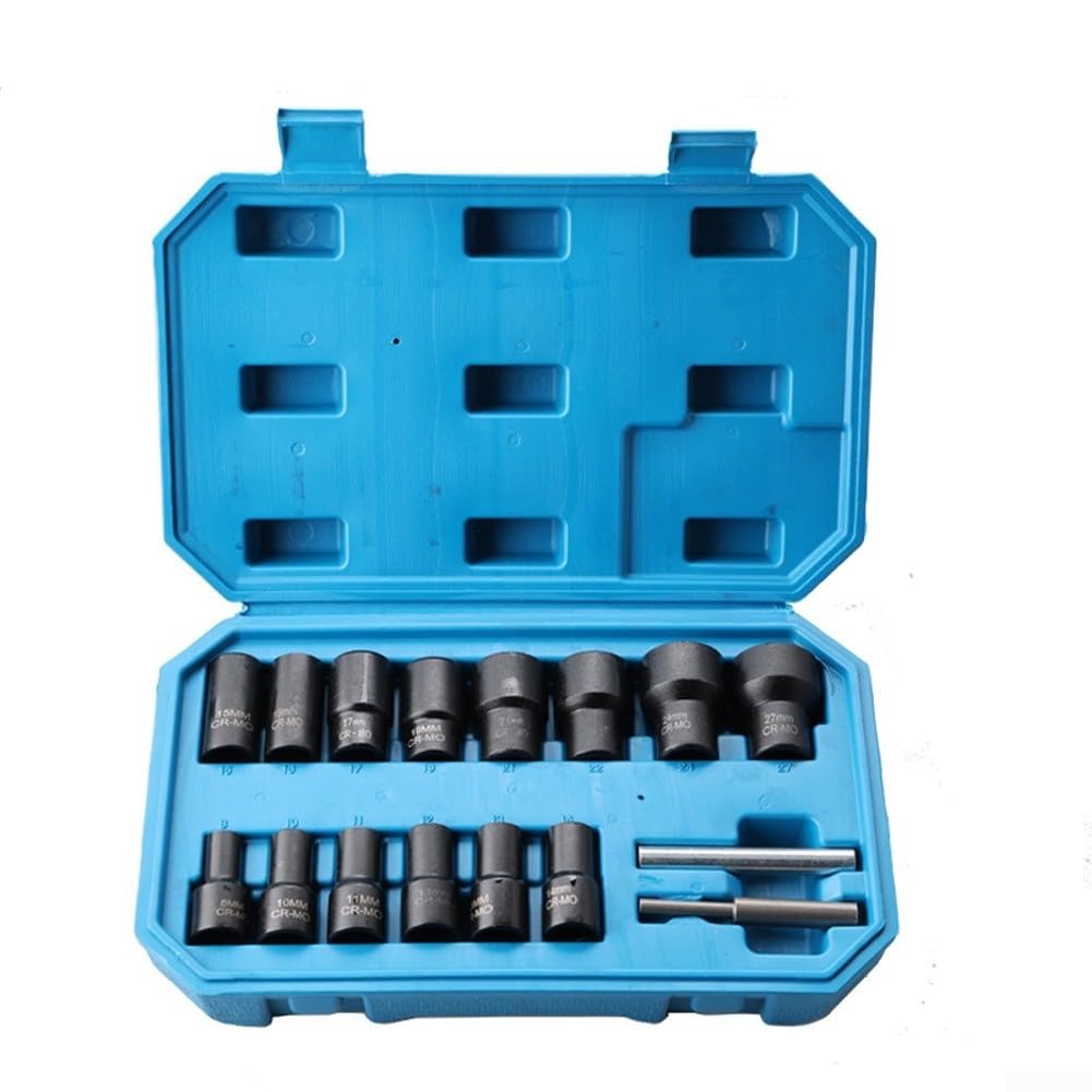 Set di 16 estrattori a spirale inversa da 8-27 mm, per dadi danneggiati o arrotondati, compatibile con chiavi e cricchetti da 1/2"