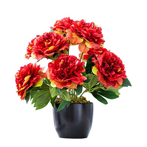 Pivoine artificielle rouge avec vase 10 têtes de fleurs en soie