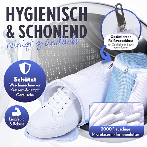 PROMILA- Schuhwaschbeutel Waschmaschine -3 teiliges Set- Schuhbeutel Waschmaschine in Grau/Blau-2XXL waschbeutel Schuhe & Reinigungsbürste-PROMILA wäschesack Schuhe ist Leise, Fusselnfrei,Top-Qualität