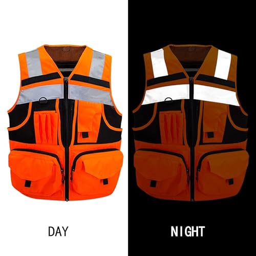 Zuja 3M Reflective Stripes Safety Vest Hi-Vis Orange Knitted Vest With 10 Pockets Bright Construction Workwear For Men And Women. (Small) #TOP4