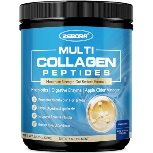 ZEBORA Multi Collagen Peptides Powder with Probiotic for Gut Health, Hydrolyzed Collagen with Digestive Enzymes, Prebiotics for Women, Support Digestive Health, Skin, Hair, Joints, Non-GMO,35 Servings