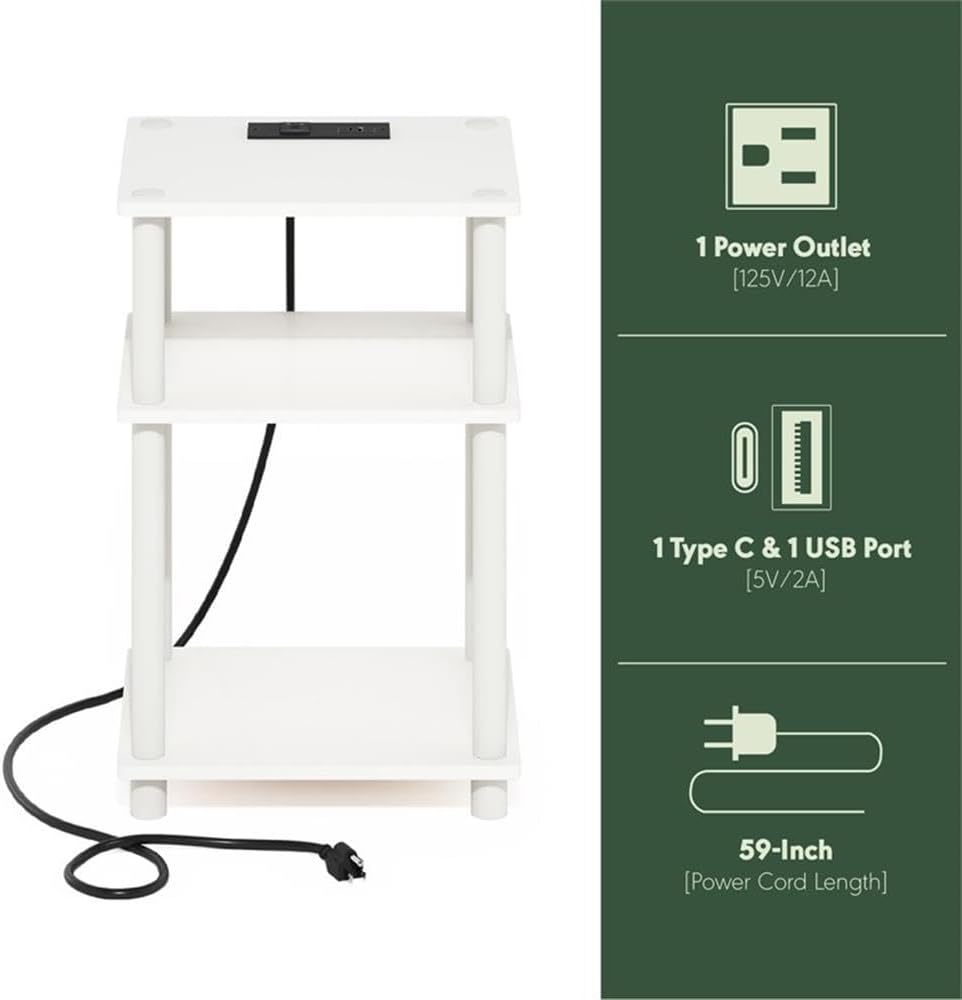 Pemberly Row 3-Tier Side Table, Turn-N-Tube Design, White Finish, Composite Wood and PVC, 11.42 x 13.39 x 22.68 in, USB and Type-C Charging Ports, Compact End Table for Living Room or Bedroom