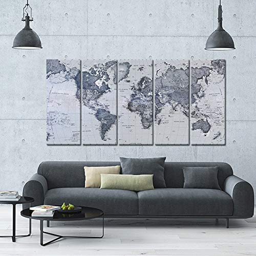 Image of iKNOW FOTO 5 Pieces Vintage World Map Canvas Prints Push Pin Wall Art Decor Trace Travel Marks The Map of The World Antique Framed Picture for Living Room Office 16x40inx5