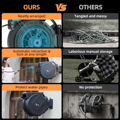 Image of Retractable Garden Hose Reel 5 /8 in x100 ft, Heavy Duty Wall Mounted Hose Reel with 10- Function Sprayer Nozzle, Any Length Lock /Automatic Slow Return System,180 Swivel Bracket
