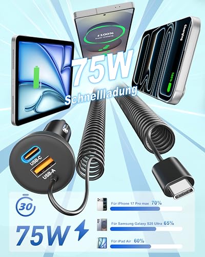 75W Zigarettenanzünder USB-C/A mit 1.2M Spiral Type C Ladekabel, Auto Ladegerät Kfz USB C Schnellladegerät Handy Car Charger 12V Adapter für iPhone 17 16 16e 15 Pro Max, Samsung Galaxy S25 S24 Ultra – Bild 3