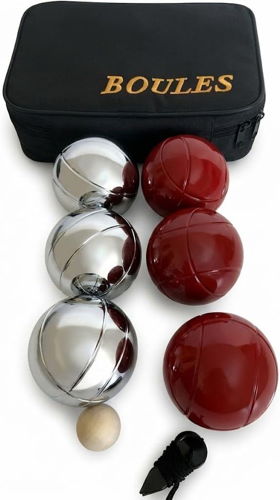 Listing -73mm Metal Petanque/Boules 6 Ball Set with 3 Silver and 3 red Balls and Black Bag