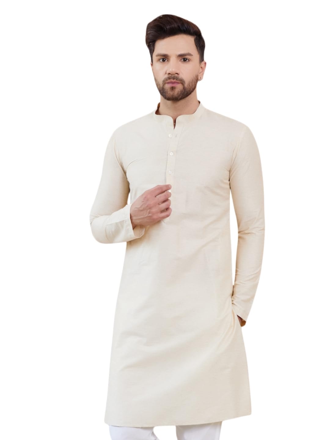 see designs Men Full Sleeve Side Slit Cotton Solid Straight Mandarin Collar Kurta-picture-25