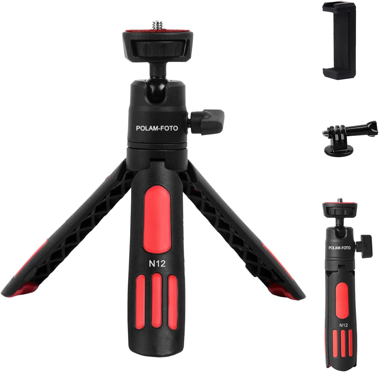 POLAM-FOTO Mini Tripod Stand for Video & Camera, Sturdy Metal Tripod with 360ยฐ Ball Head, Adjustable Height Phone Holder for GoPro, iPhone