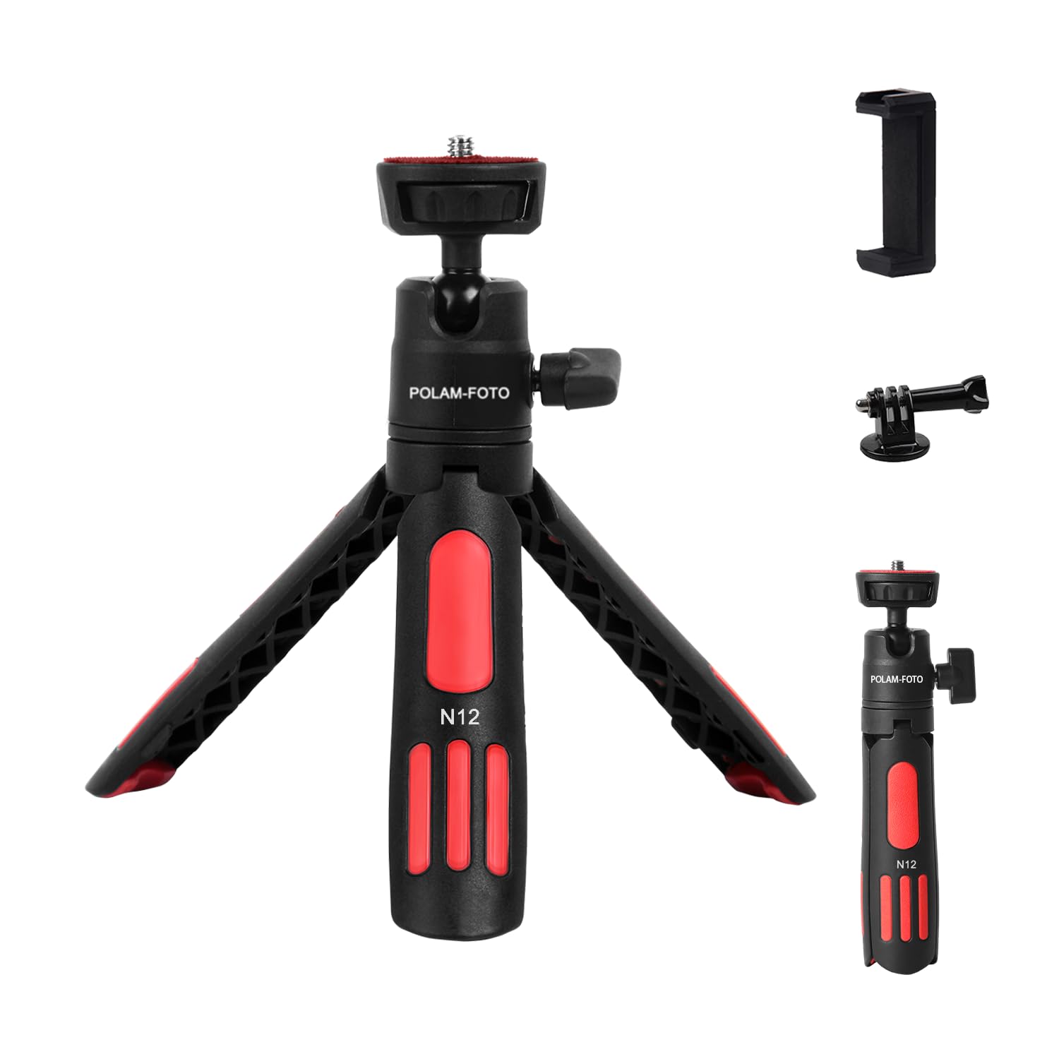 Mini Tripod Stand for Video & Camera, Sturdy Metal Tripod with 360° Ball Head, Adjustable Height Phone Holder for GoPro, iPhone, DSLR