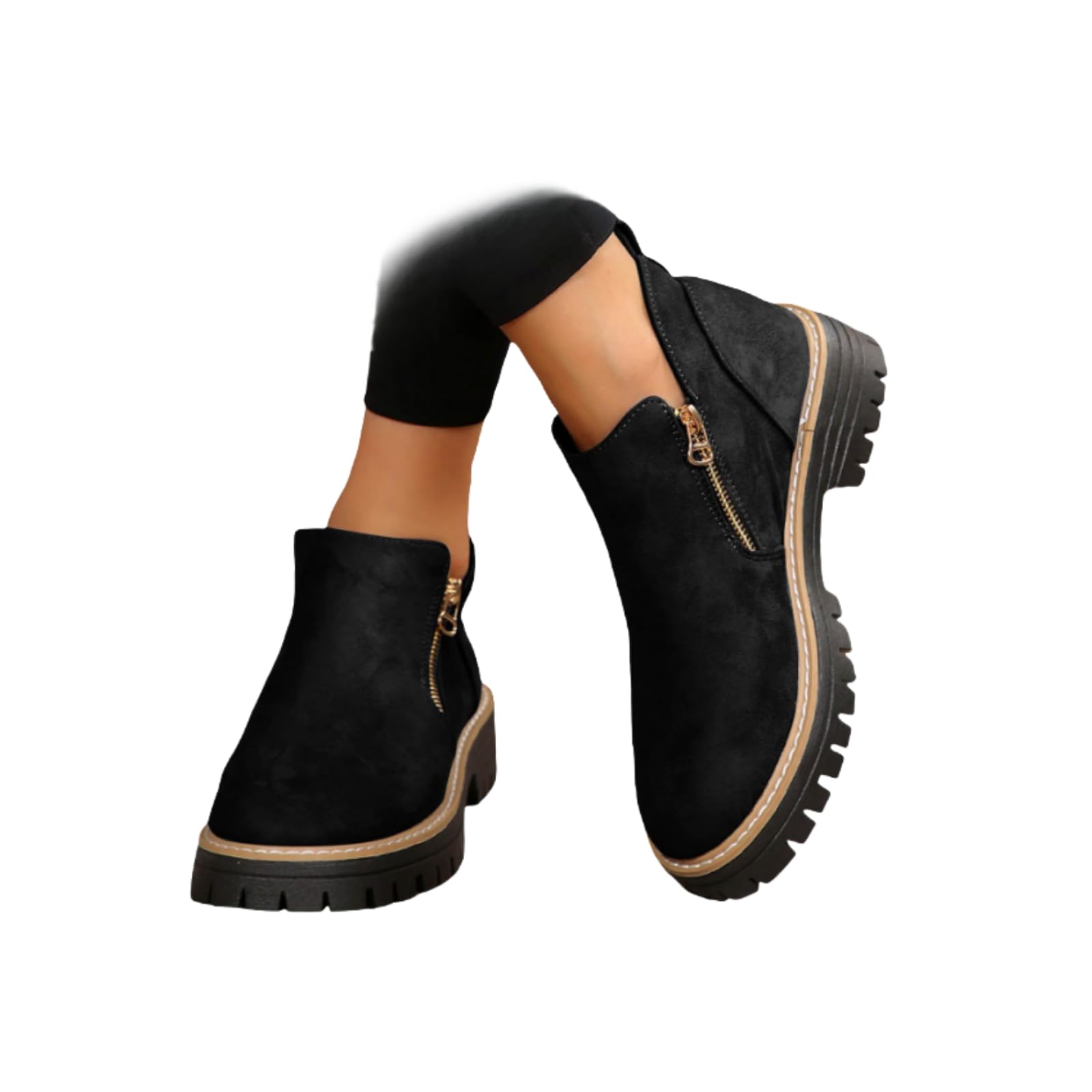 Ankle Boots for Women Low Heel Suede Platform Heeled Short Booties Chunky Heel Side Zipper Round Toe Lug Sole Fall Boots Non Slip Outdoor Walking Shoes